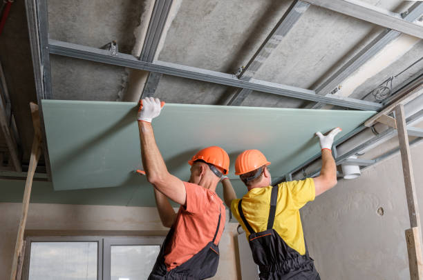 Workers are lifting plasterboard for further attaching to the ceiling.